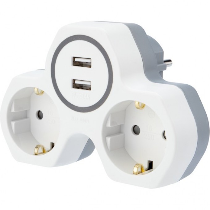 Двойник электрический REXANT 16 А с заземлением и защитными шторками + 2 usb порта белый 11-1089