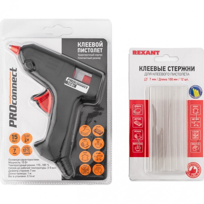 Набор для творчества REXANT ПК01 пистолет 15 Вт, стержни 7 мм 12-1701