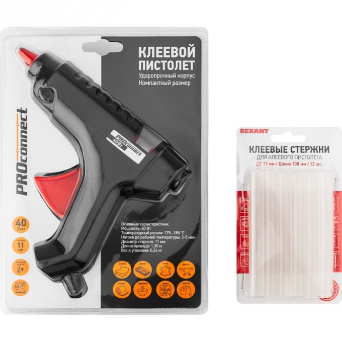 Набор для творчества REXANT ПК02 пистолет 40 Вт, стержни 11 мм 12-1702
