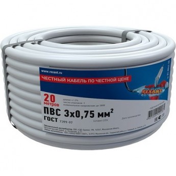 Провод REXANT ПВС 3x0.75 мм² соединительный белый 20 м Провод REXANT ПВС 3x0.75 мм² соединительный белый 20 м